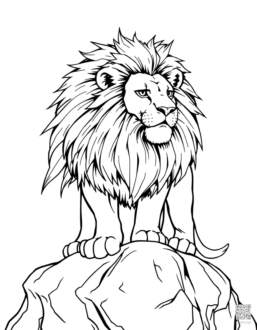 Free lion with majestic mane standing on a rock coloring page in manga style — printable line art