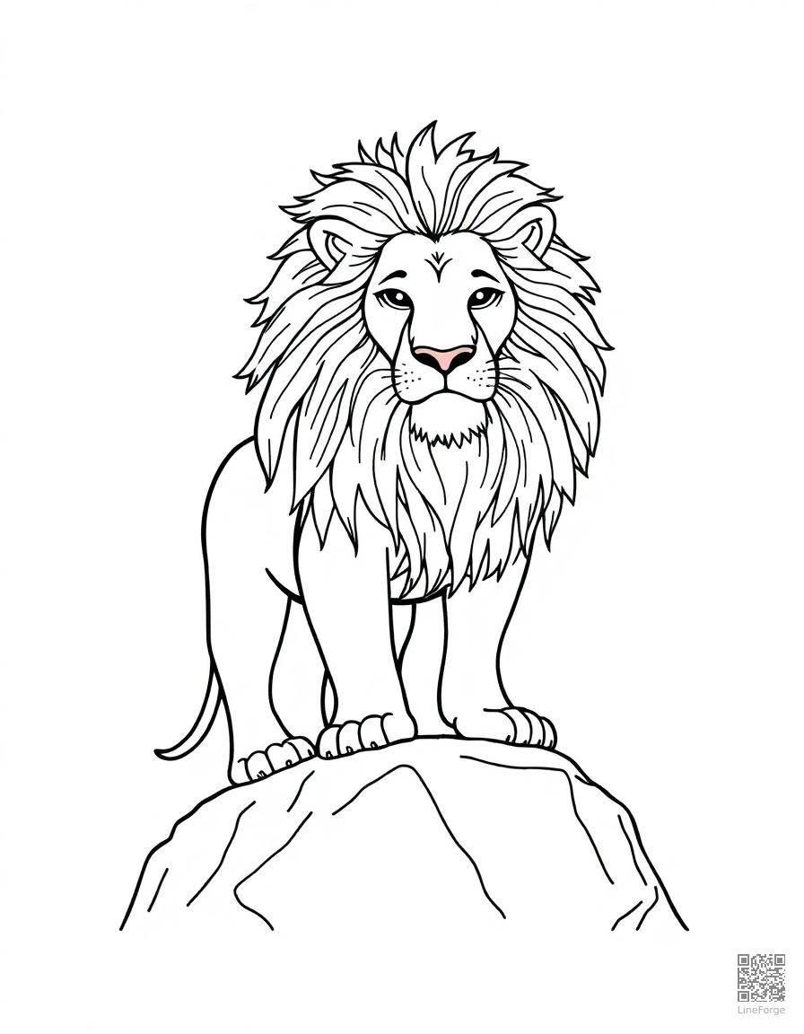 Free lion with majestic mane standing on a rock coloring page in minimal style — printable line art