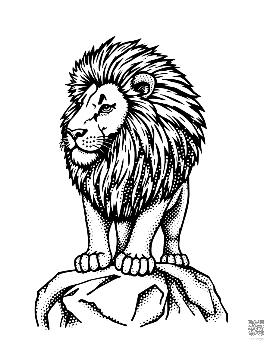 Free lion with majestic mane standing on a rock coloring page in stipple style — printable line art