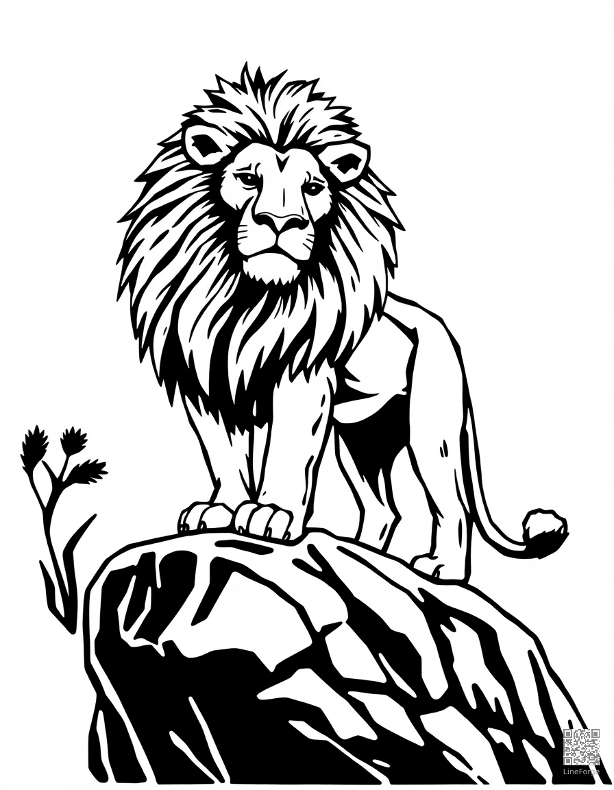 Free lion with majestic mane standing on a rock coloring page in woodcut style — printable line art