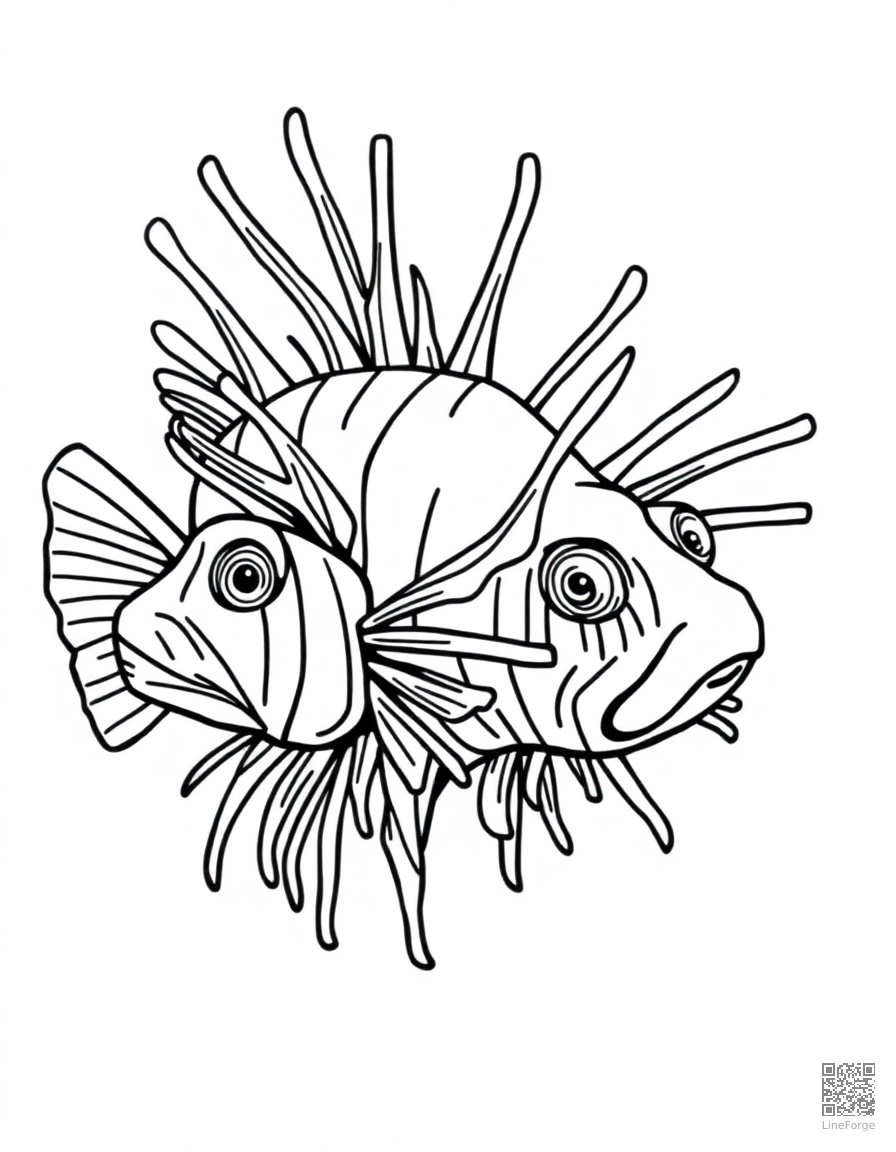 Free lionfish with spectacular fins spread out coloring page in contour style — printable line art