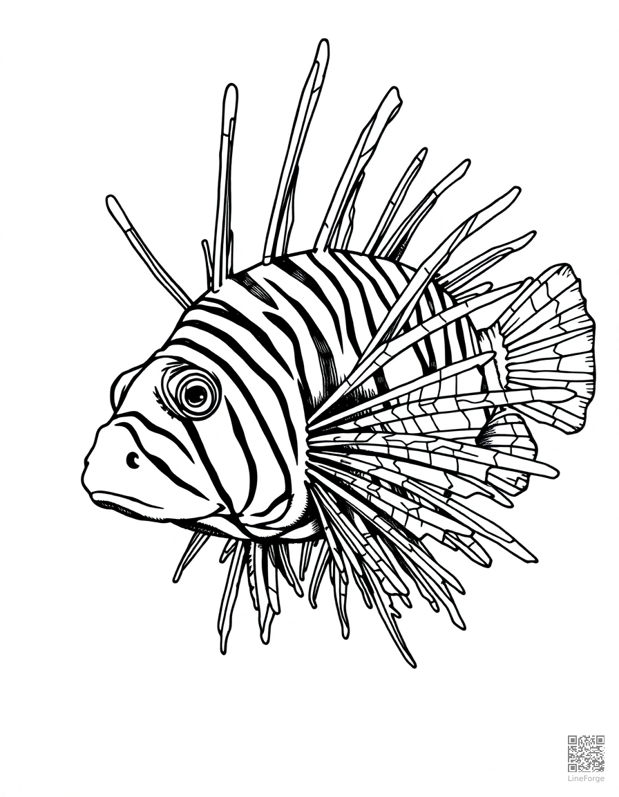 Free lionfish with spectacular fins spread out coloring page in crosshatch style — printable line art