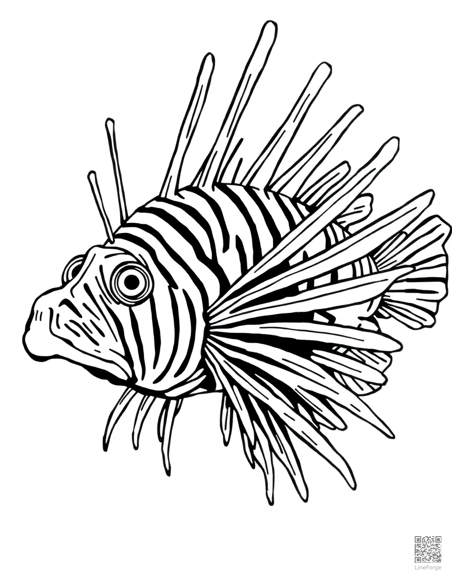 Free lionfish with spectacular fins spread out coloring page in manga style — printable line art
