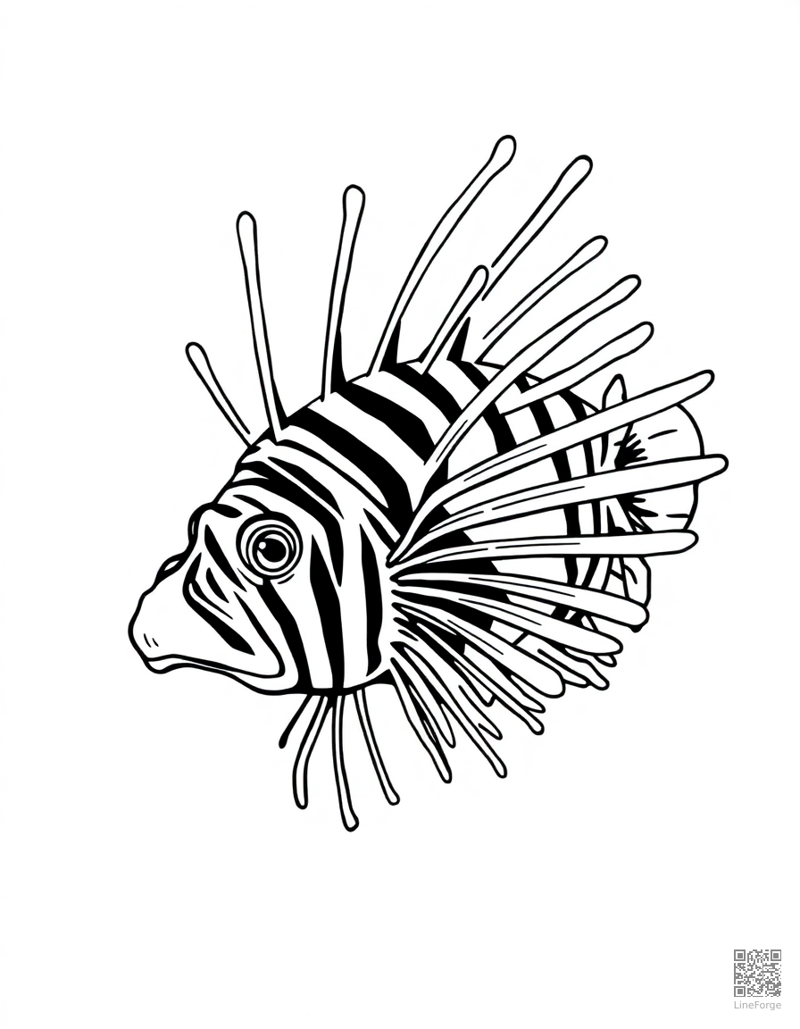 Free lionfish with spectacular fins spread out coloring page in minimal style — printable line art
