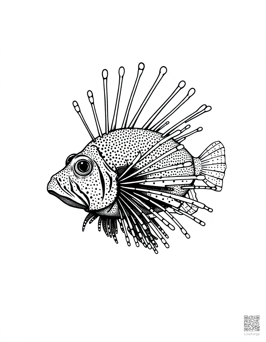 Free lionfish with spectacular fins spread out coloring page in stipple style — printable line art