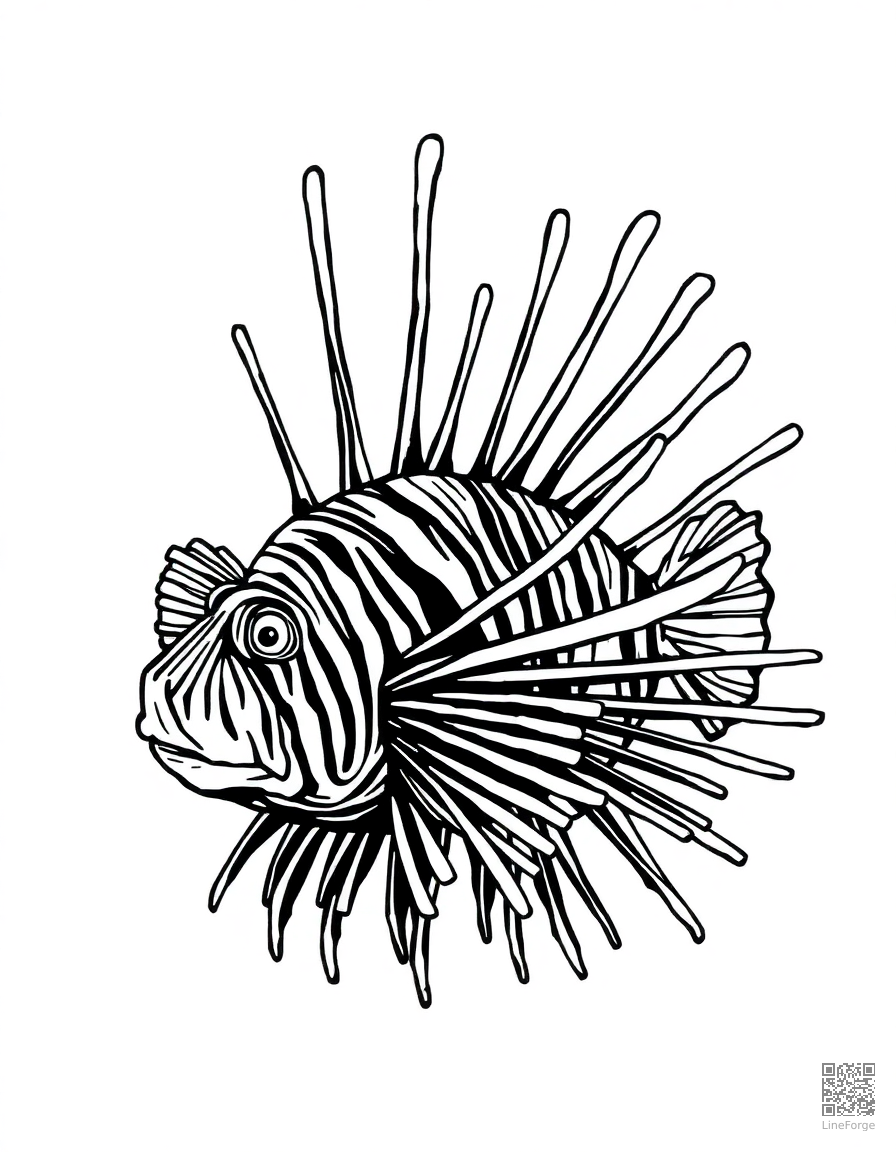Free lionfish with spectacular fins spread out coloring page in woodcut style — printable line art