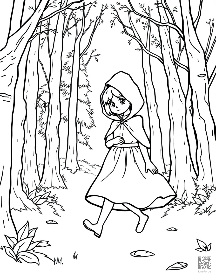 Free little red riding hood walking through the forest coloring page in contour style — printable line art