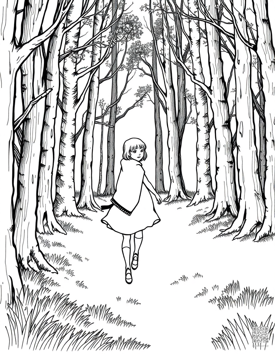 Free little red riding hood walking through the forest coloring page in crosshatch style — printable line art