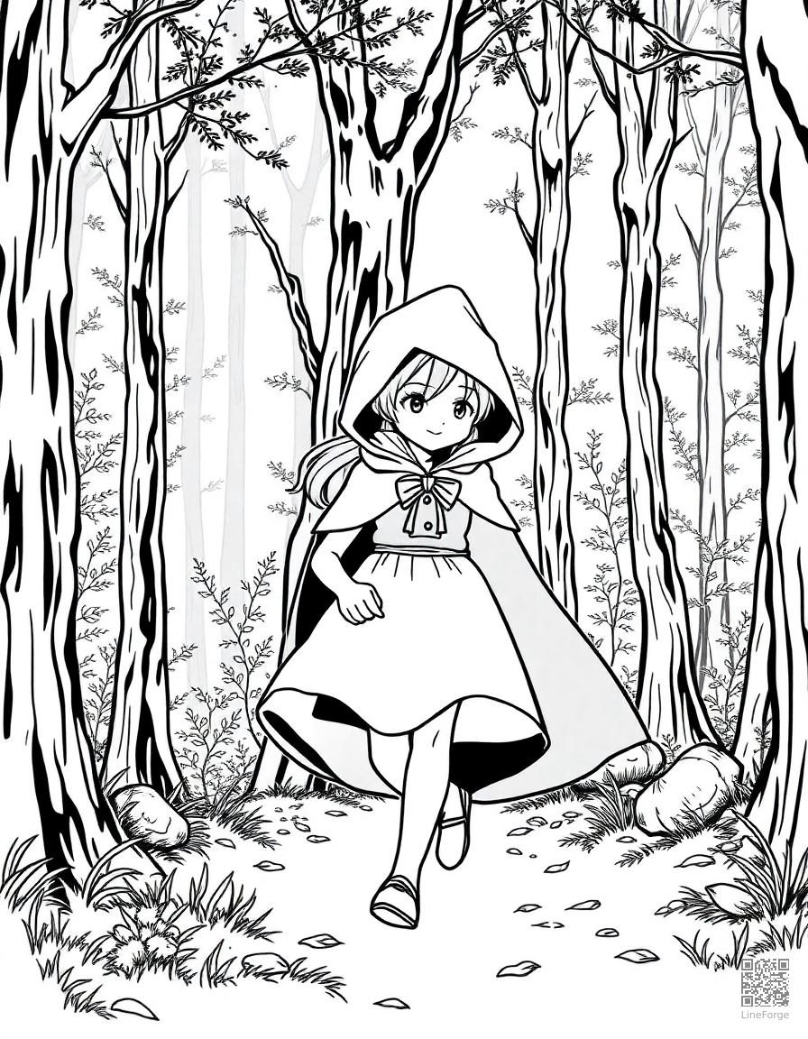 Free little red riding hood walking through the forest coloring page in manga style — printable line art