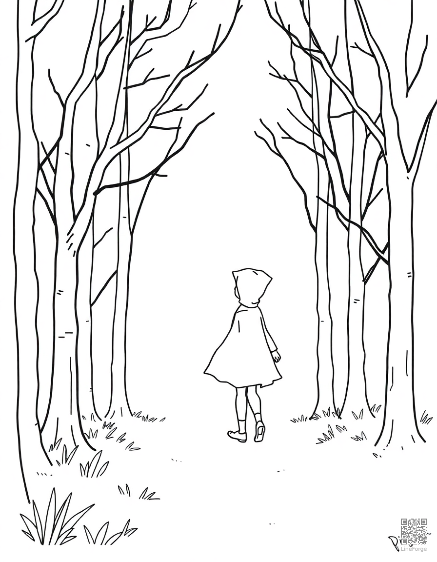 Free little red riding hood walking through the forest coloring page in minimal style — printable line art