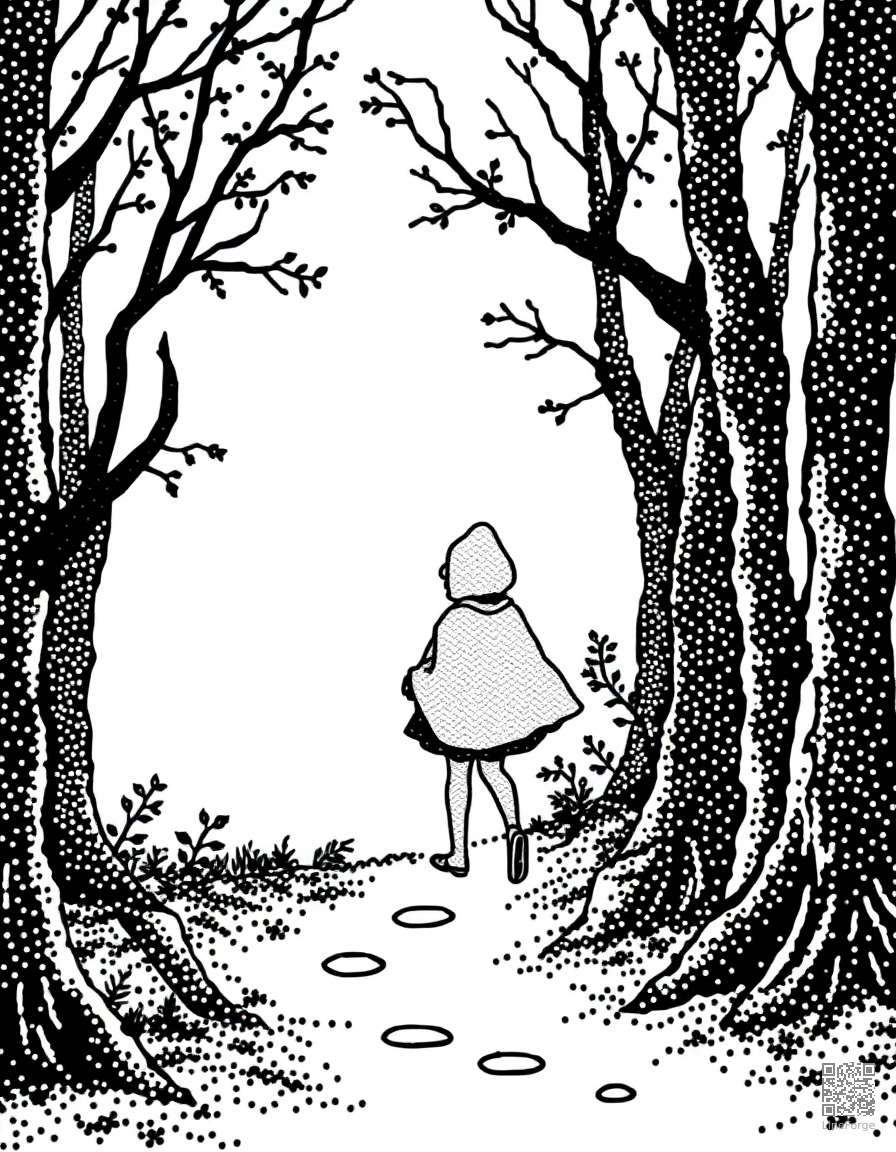 Free little red riding hood walking through the forest coloring page in stipple style — printable line art