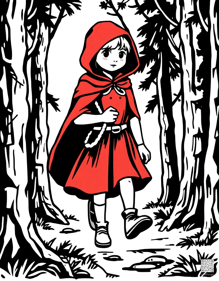 Free little red riding hood walking through the forest coloring page in woodcut style — printable line art
