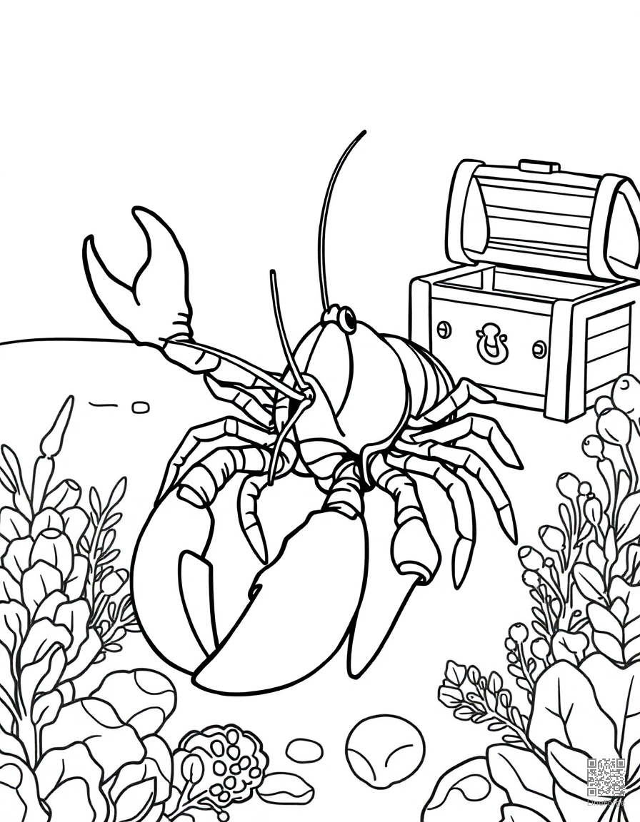 lobster on the ocean floor near a treasure chest coloring page Contour style - free printable
