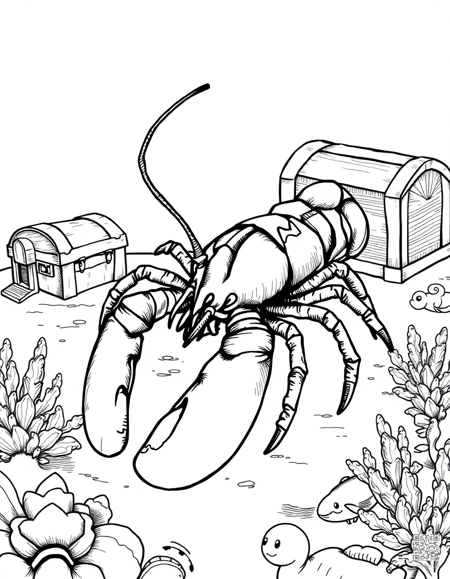 lobster on the ocean floor near a treasure chest coloring page Crosshatch style - free printable