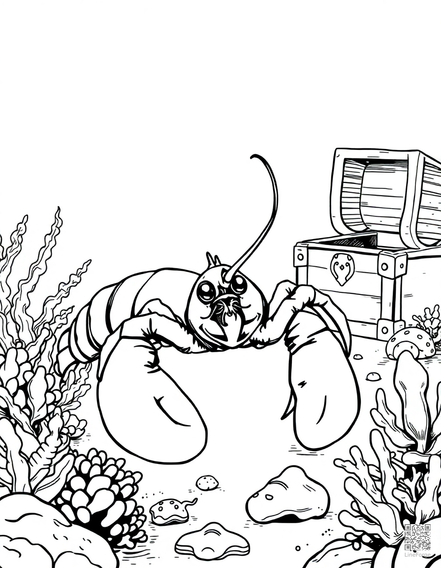 lobster on the ocean floor near a treasure chest coloring page Manga style - free printable