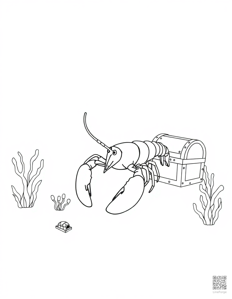 lobster on the ocean floor near a treasure chest coloring page Minimal style - free printable