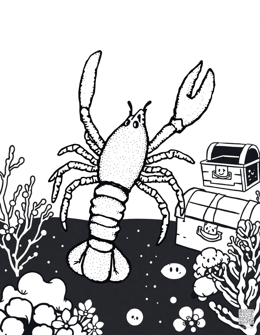 lobster on the ocean floor near a treasure chest coloring page Stipple style - free printable