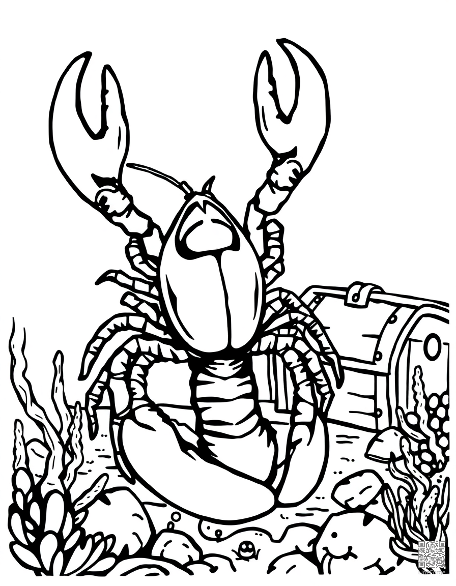 lobster on the ocean floor near a treasure chest coloring page Woodcut style - free printable