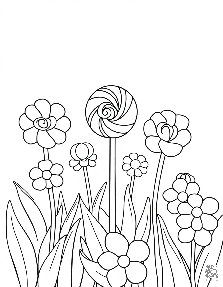 lollipop garden with candy flowers coloring page Contour style - free printable