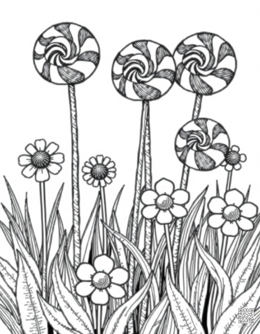 lollipop garden with candy flowers coloring page Crosshatch style - free printable