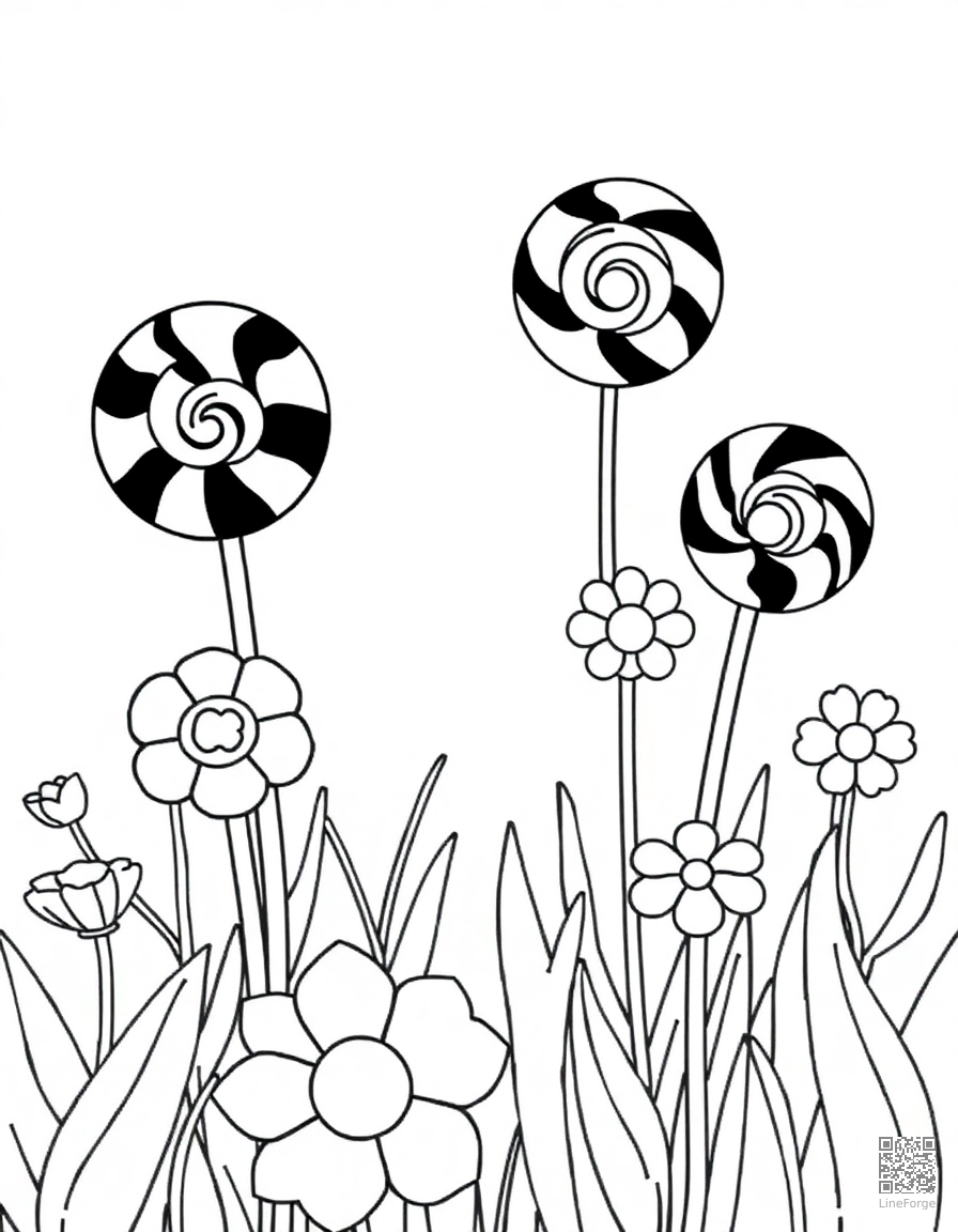 lollipop garden with candy flowers coloring page Minimal style - free printable