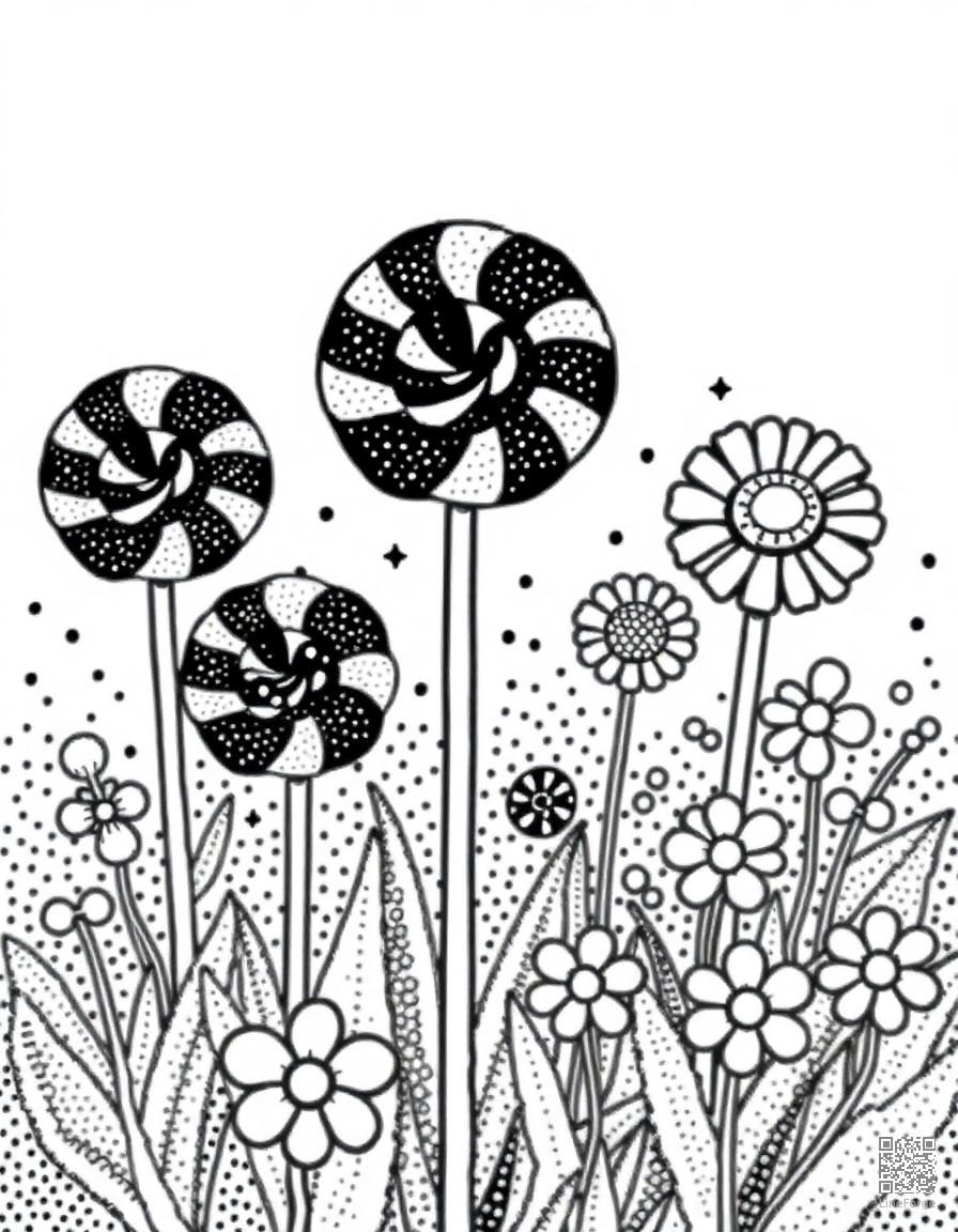 lollipop garden with candy flowers coloring page Stipple style - free printable