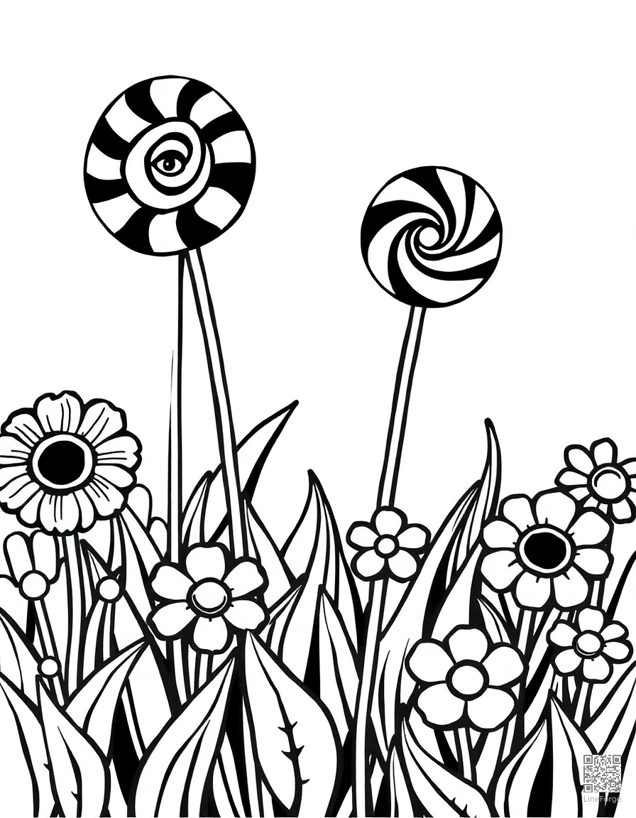 lollipop garden with candy flowers coloring page Woodcut style - free printable