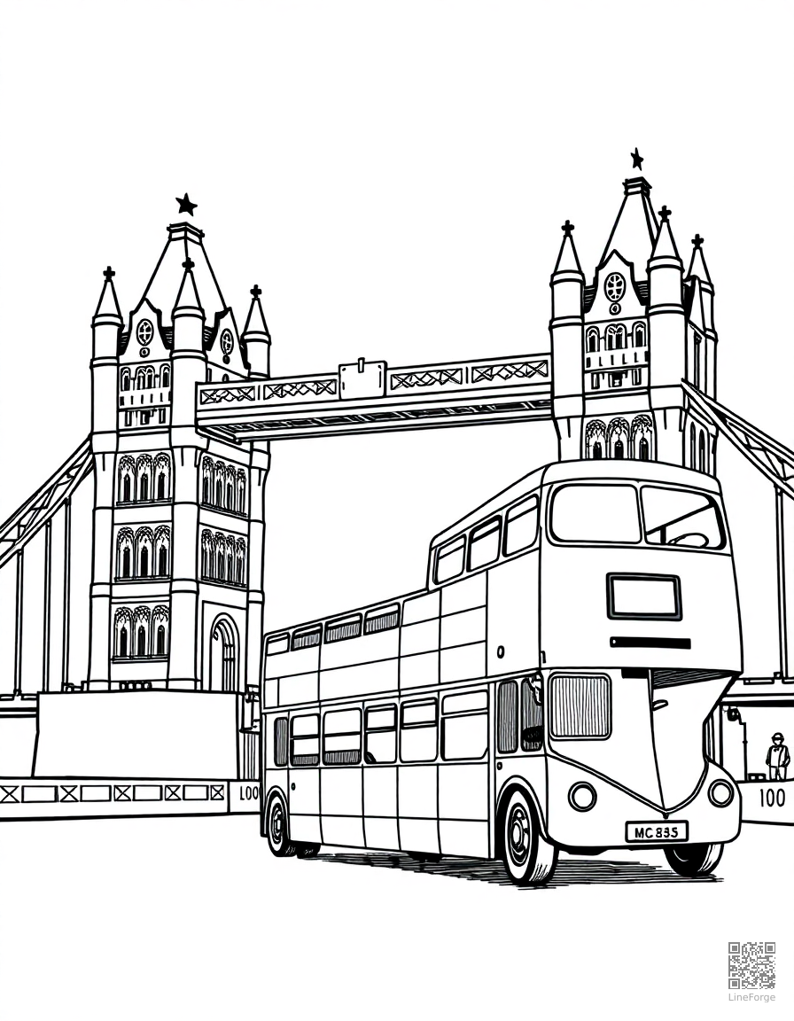 london double decker bus at tower bridge coloring page Crosshatch style - free printable