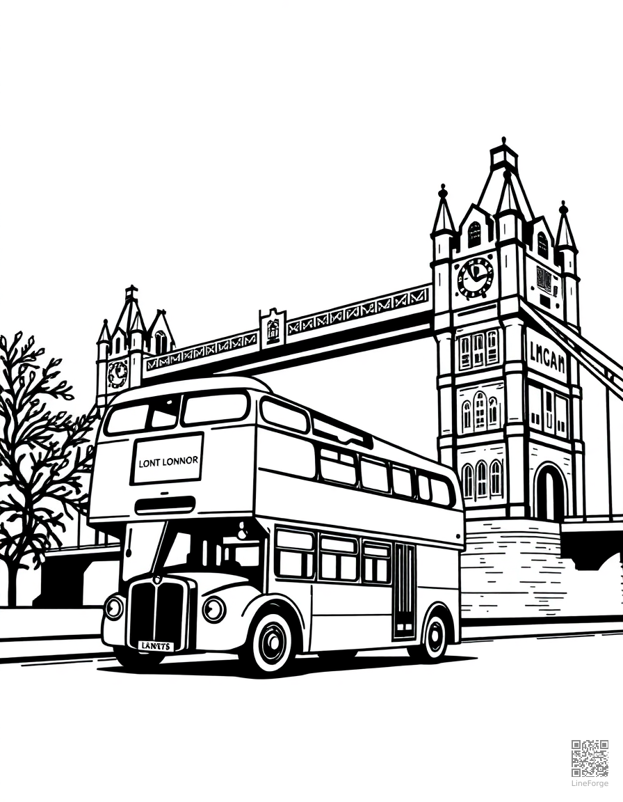 london double decker bus at tower bridge coloring page Woodcut style - free printable