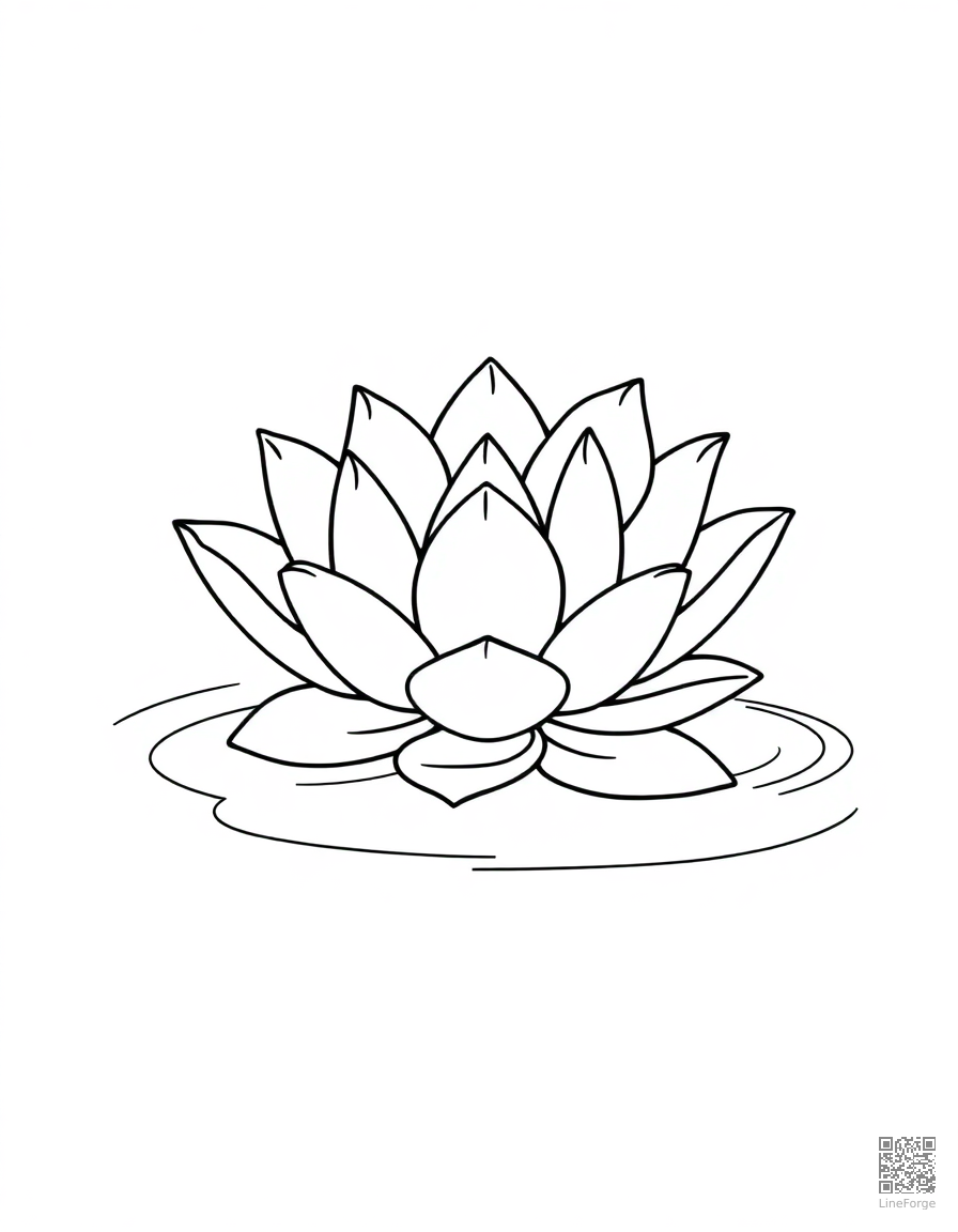 Free lotus flower floating on a calm pond coloring page in contour style — printable line art