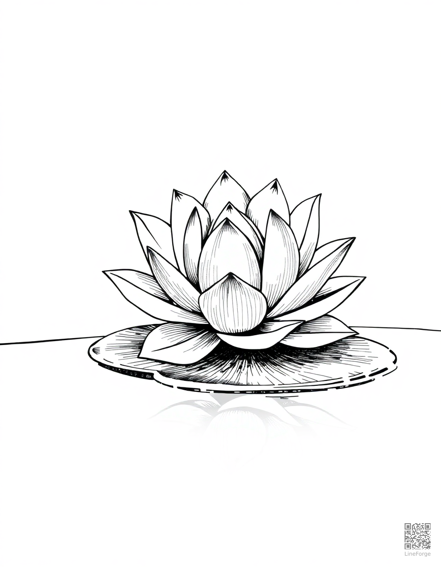 lotus flower floating on a calm pond coloring page Crosshatch style - free printable