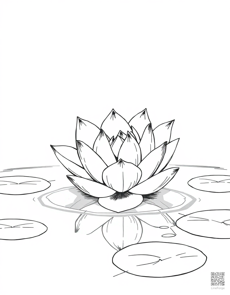 Free lotus flower floating on a calm pond coloring page in manga style — printable line art