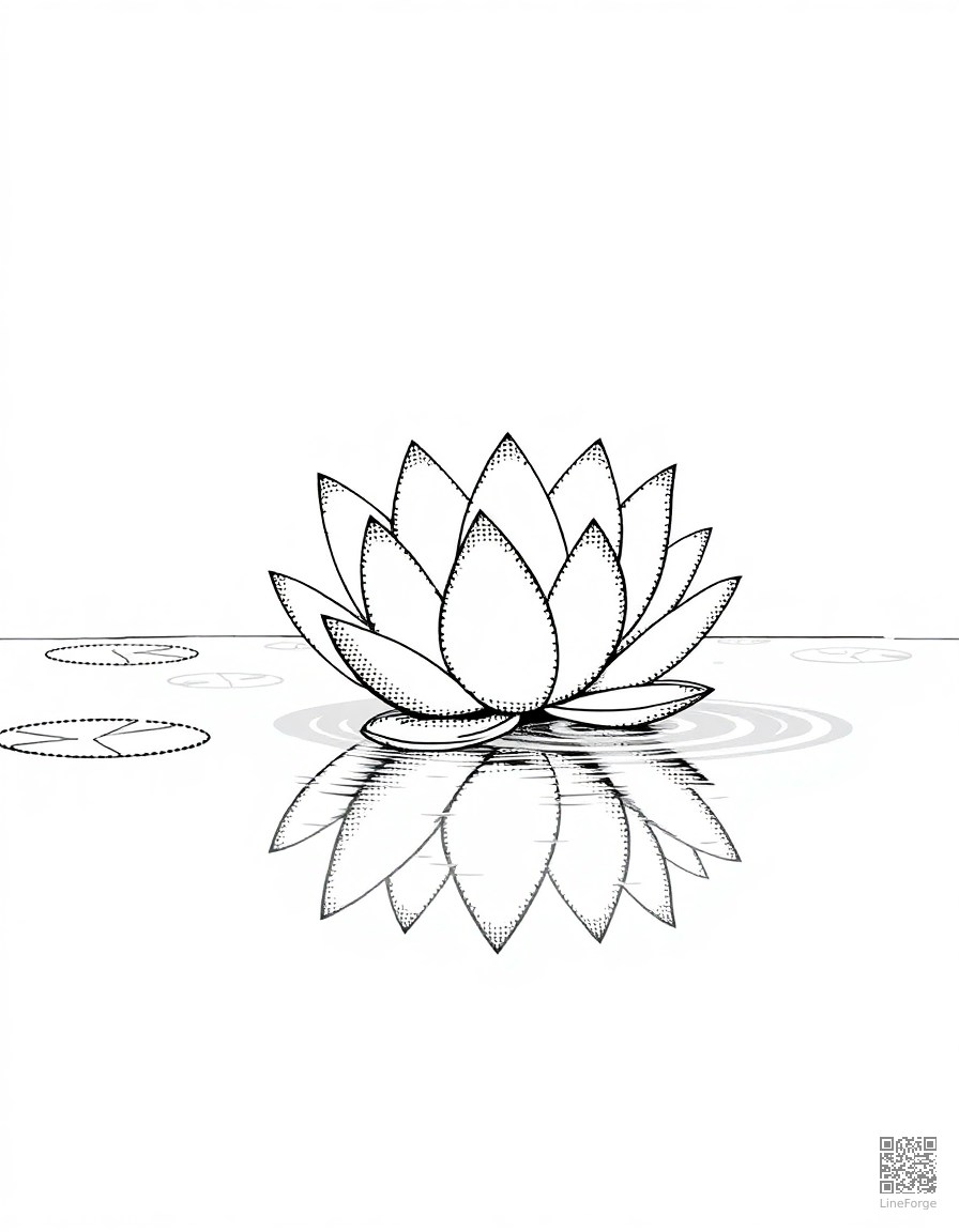 Free lotus flower floating on a calm pond coloring page in stipple style — printable line art
