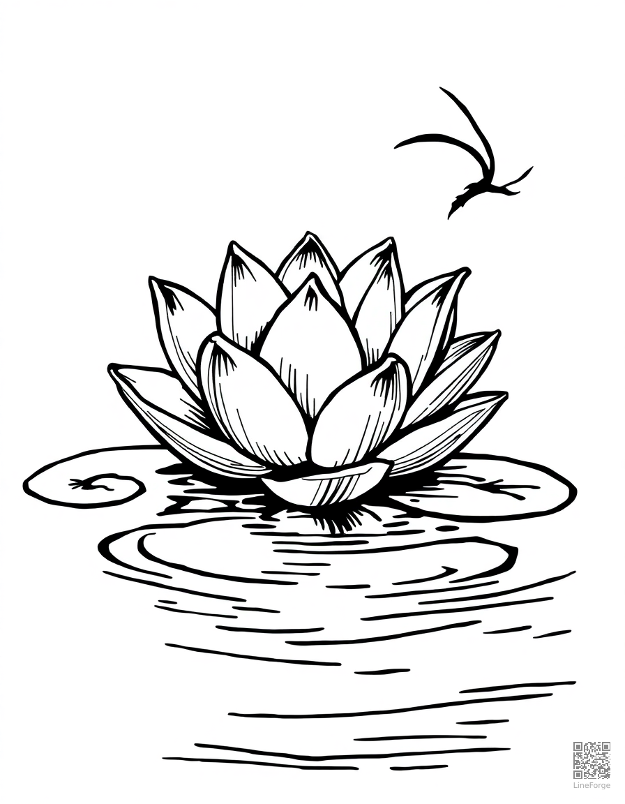lotus flower floating on a calm pond coloring page Woodcut style - free printable