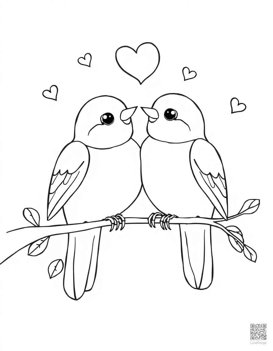 love birds on a branch with hearts coloring page Contour style - free printable