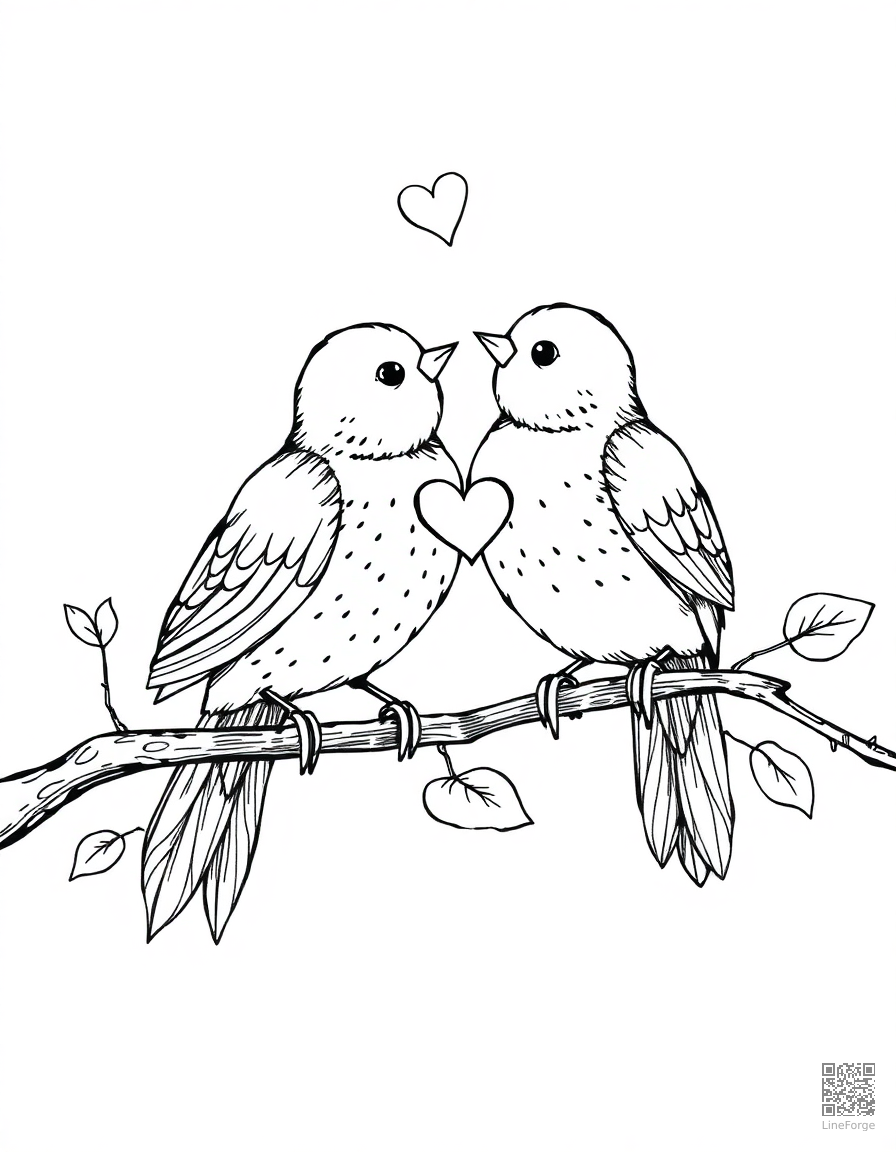 love birds on a branch with hearts coloring page Crosshatch style - free printable