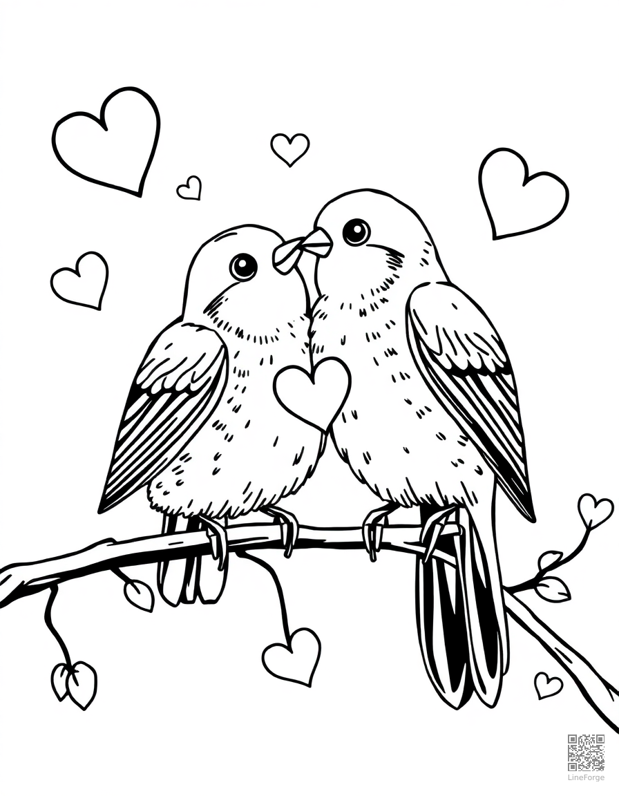 love birds on a branch with hearts coloring page Manga style - free printable