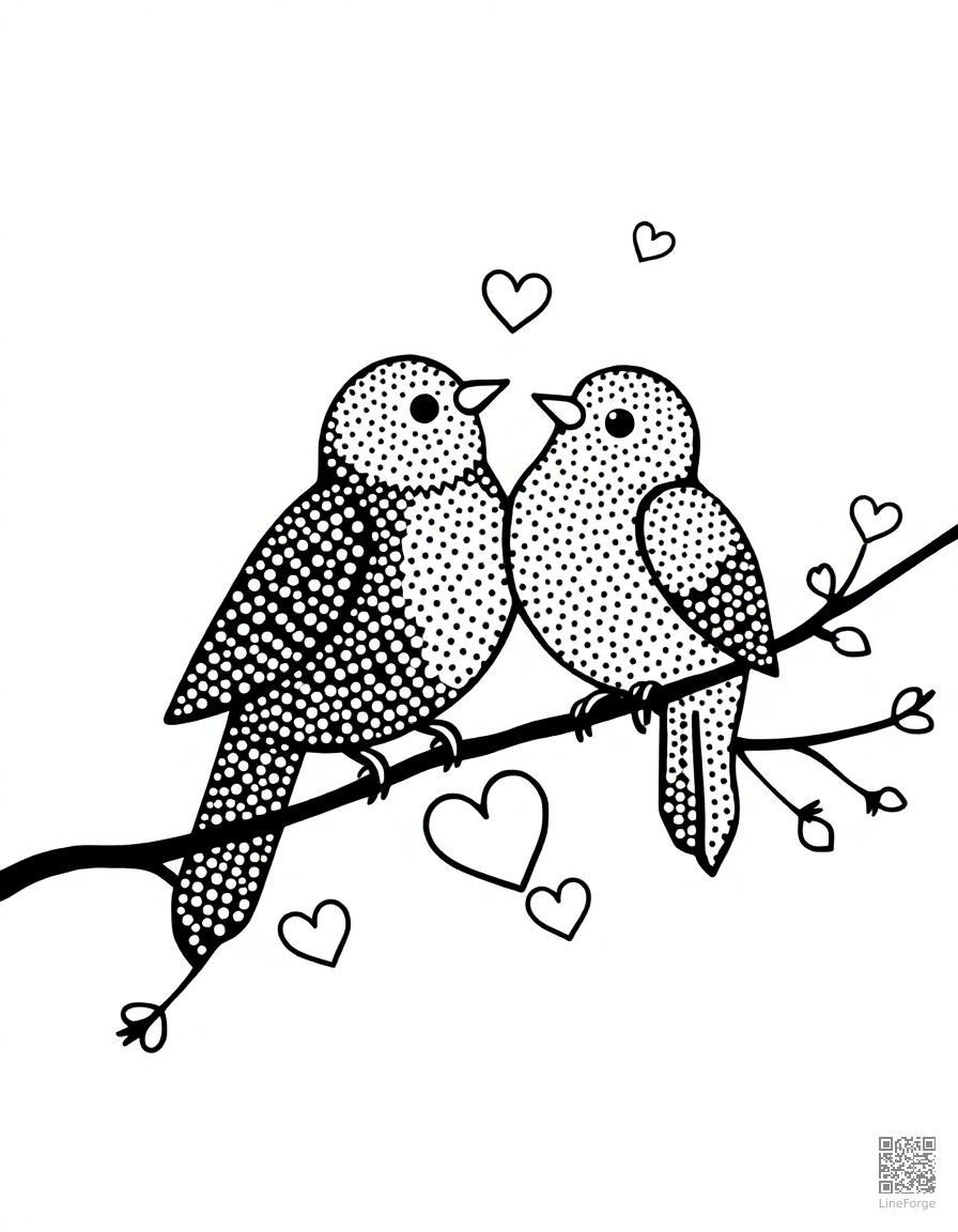 love birds on a branch with hearts coloring page Stipple style - free printable