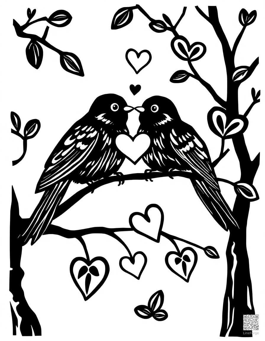 love birds on a branch with hearts coloring page Woodcut style - free printable