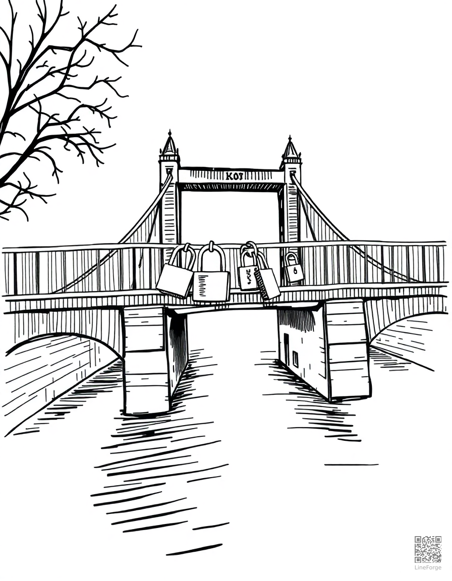 love lock bridge with padlocks coloring page Crosshatch style - free printable