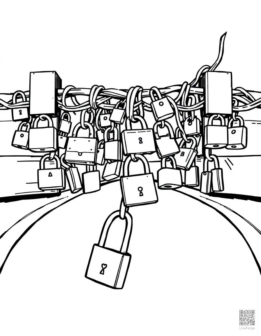 love lock bridge with padlocks coloring page Manga style - free printable