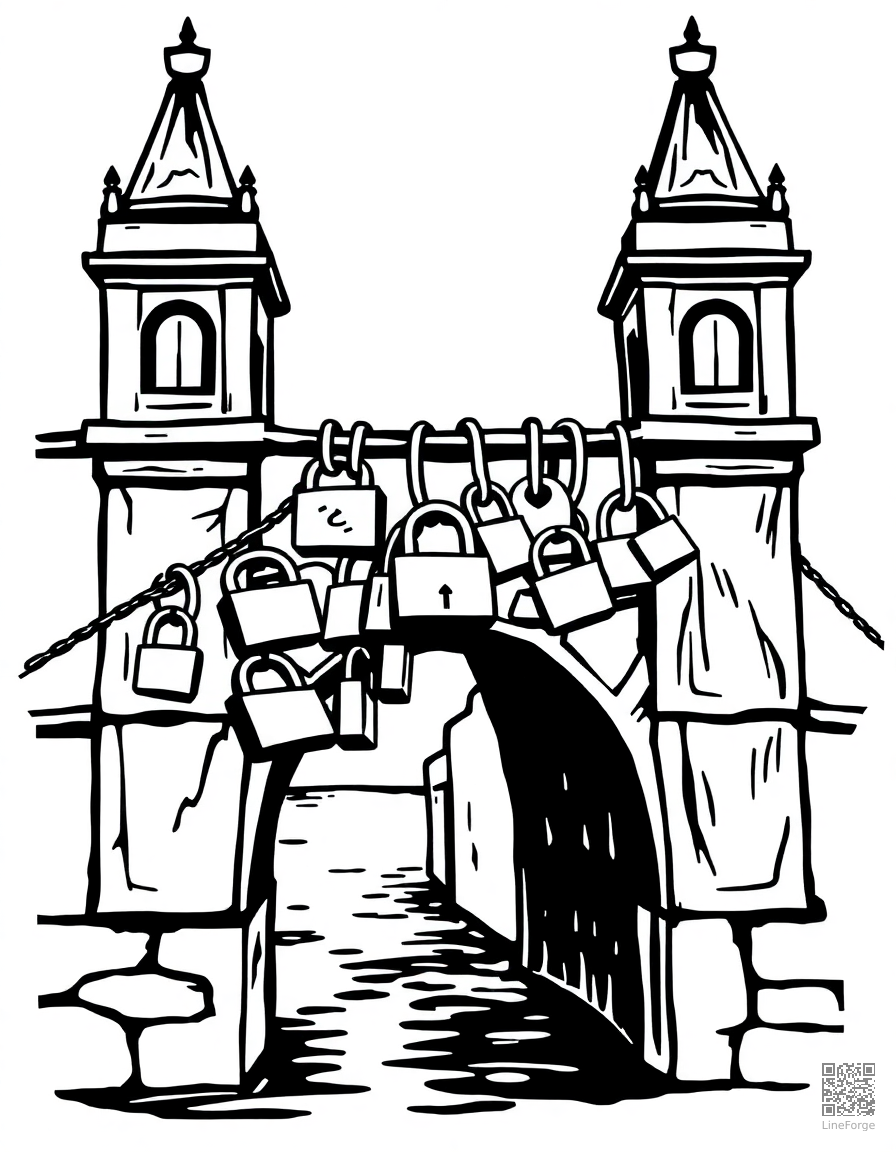 love lock bridge with padlocks coloring page Woodcut style - free printable