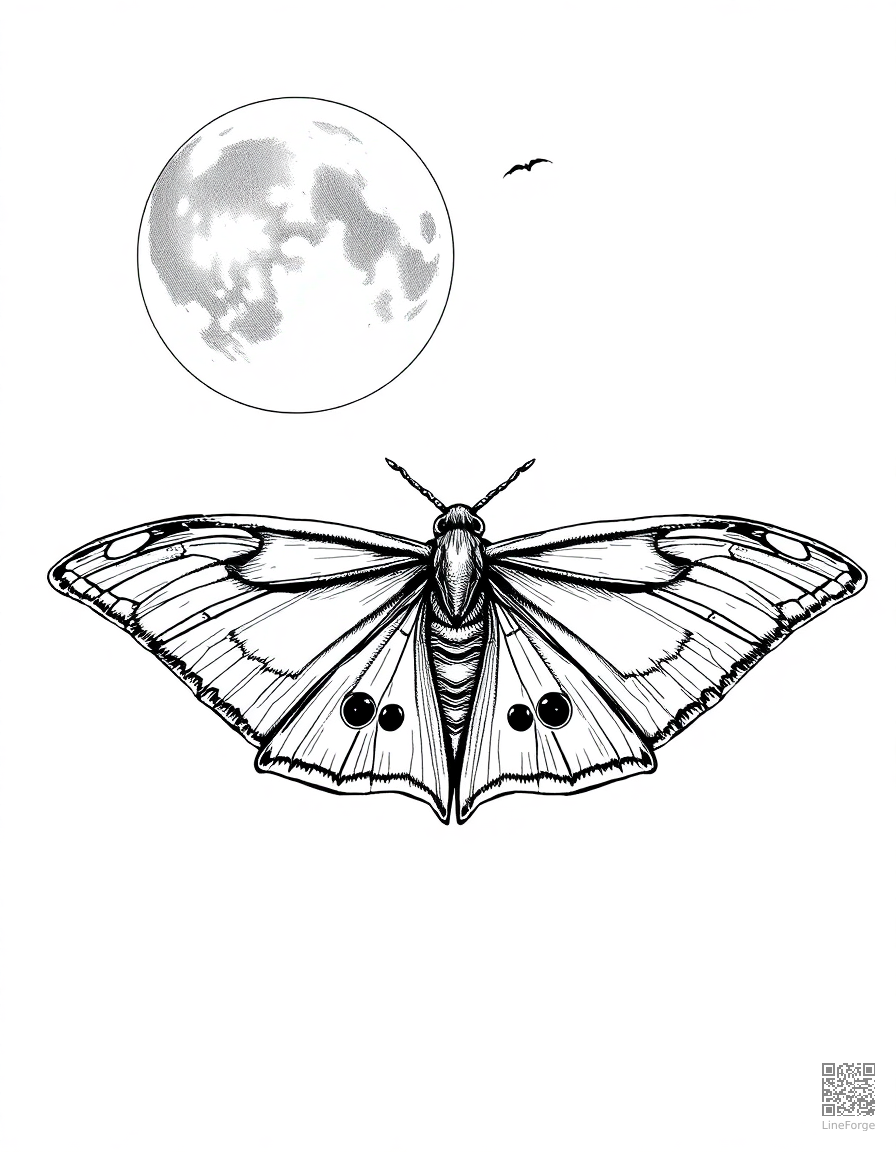 luna moth under moonlight coloring page Crosshatch style - free printable
