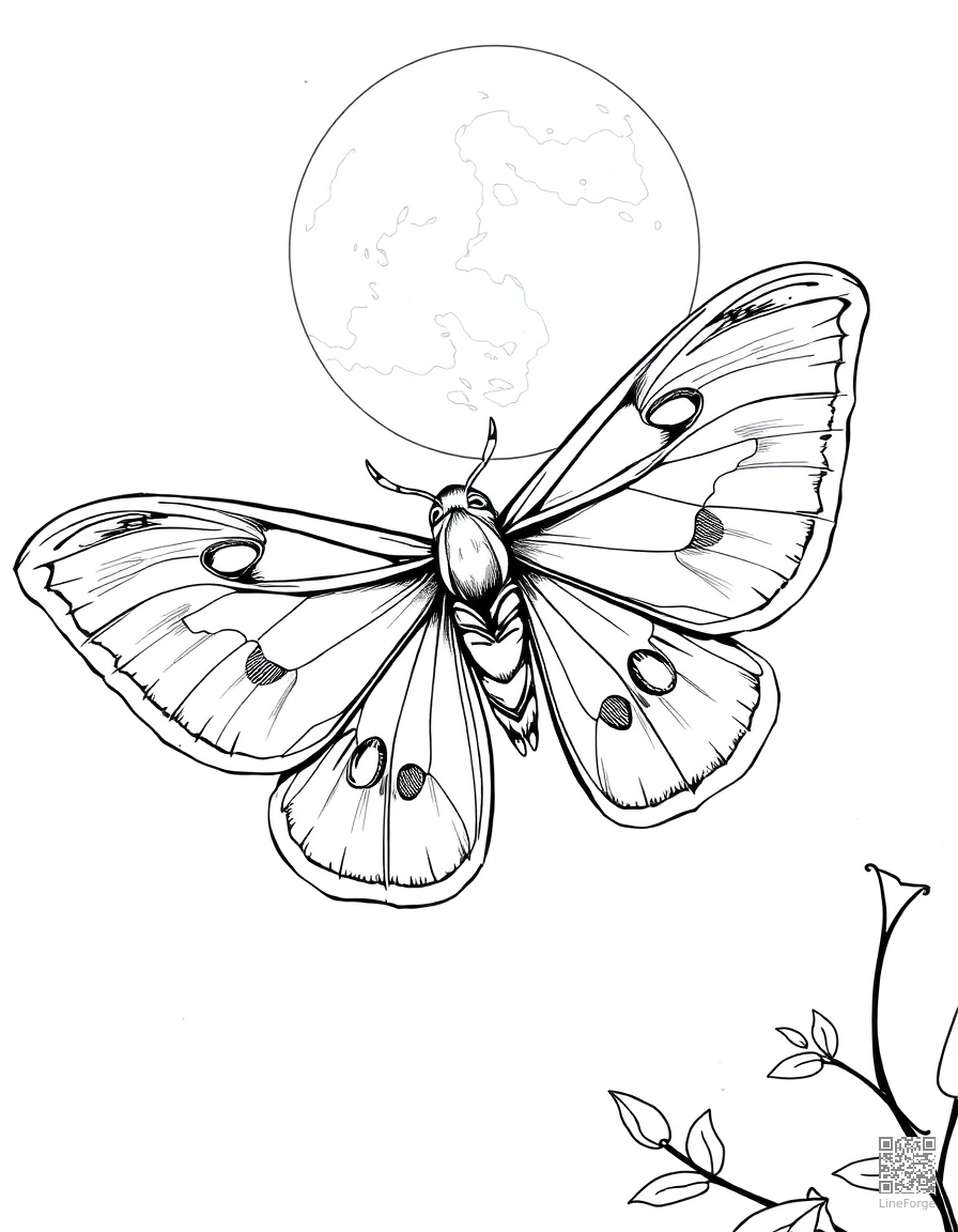 luna moth under moonlight coloring page Manga style - free printable