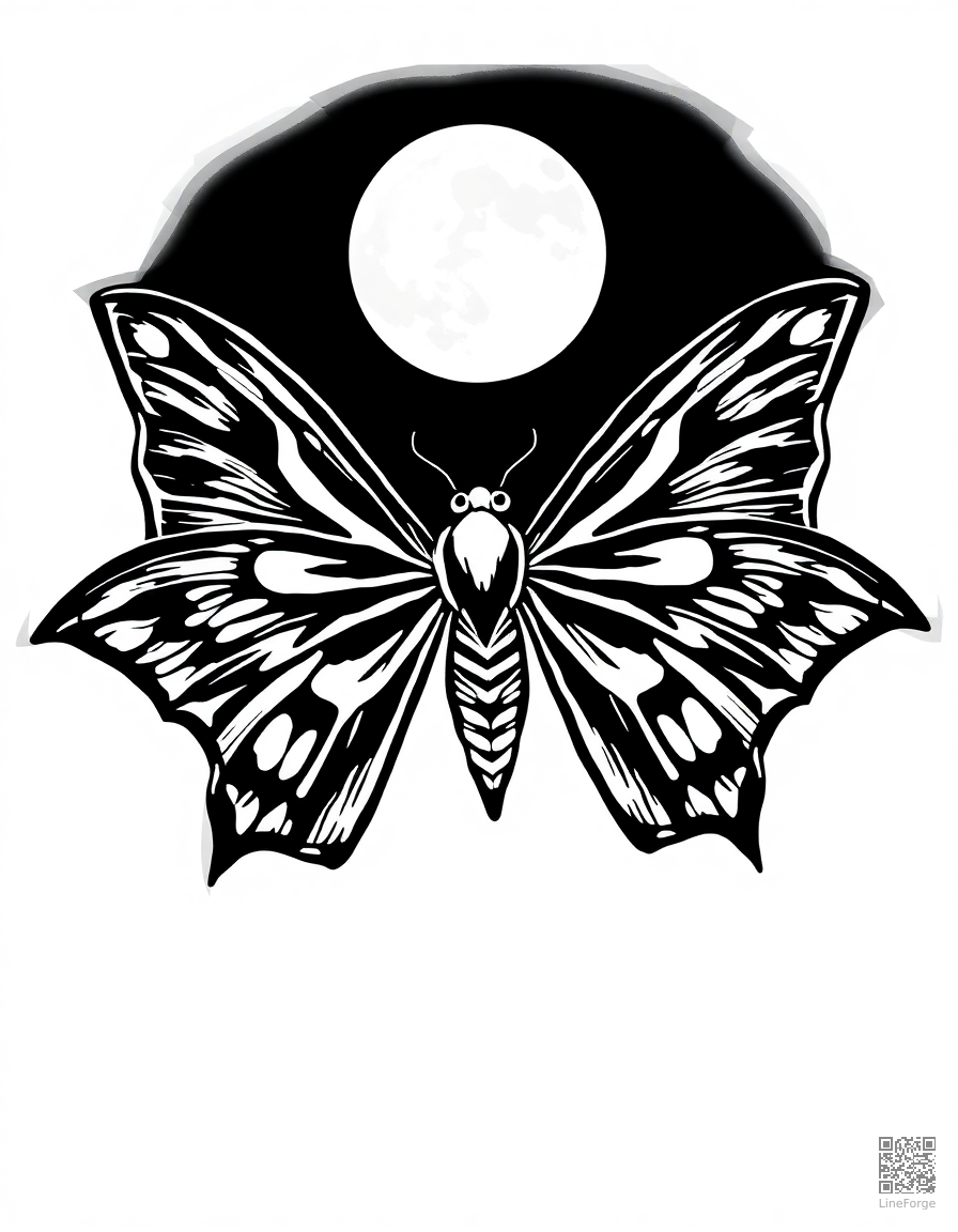 luna moth under moonlight coloring page Woodcut style - free printable