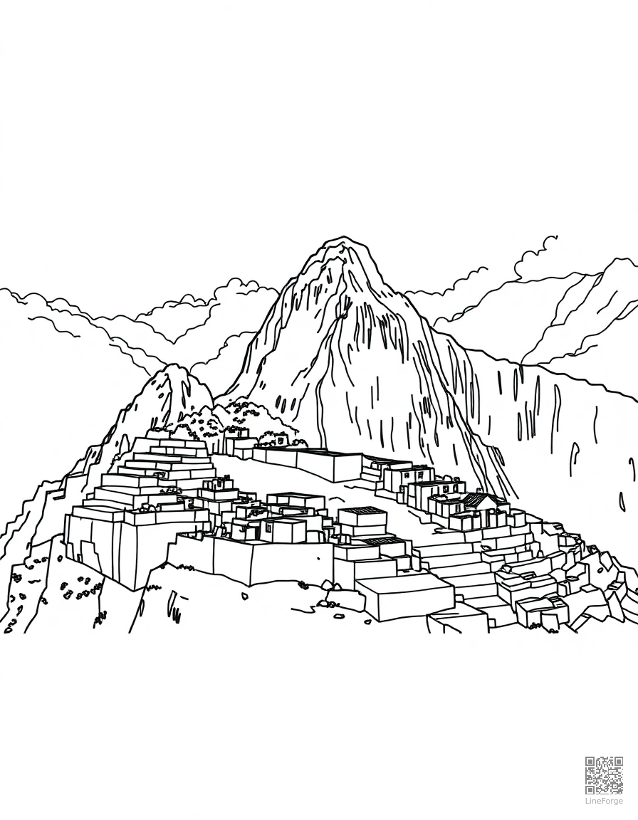 Free machu picchu ancient ruins in the clouds coloring page in contour style — printable line art