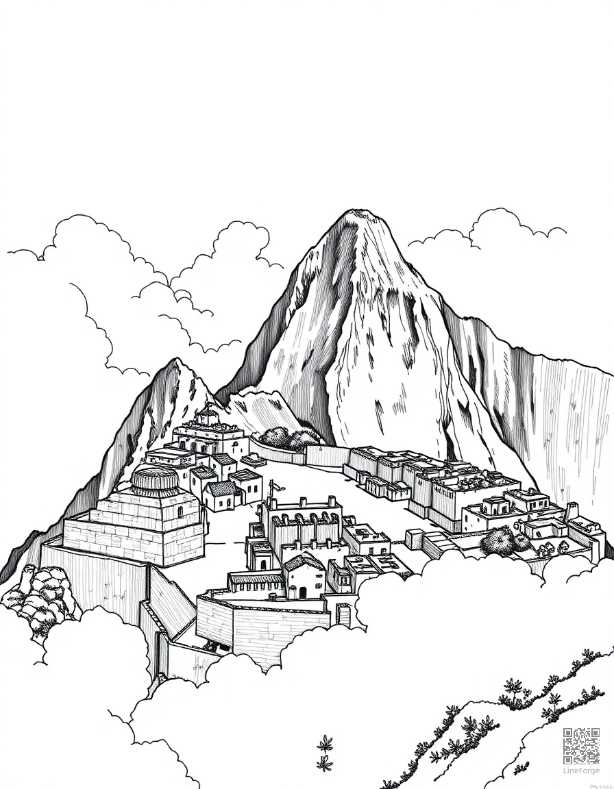 Free machu picchu ancient ruins in the clouds coloring page in crosshatch style — printable line art