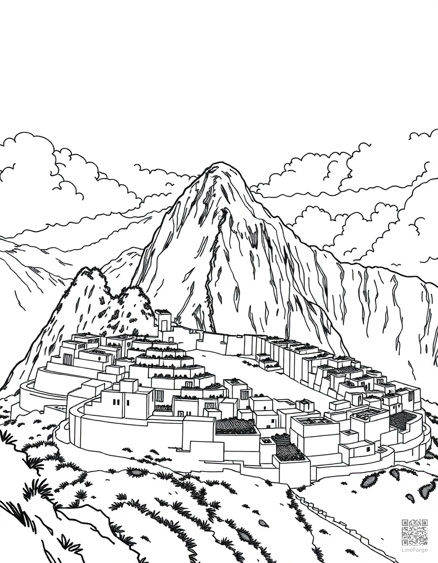 Free machu picchu ancient ruins in the clouds coloring page in manga style — printable line art
