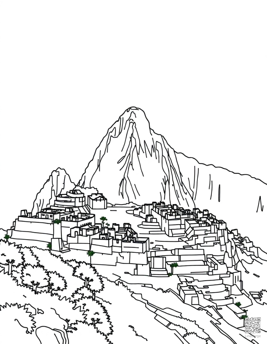 Free machu picchu ancient ruins in the clouds coloring page in minimal style — printable line art