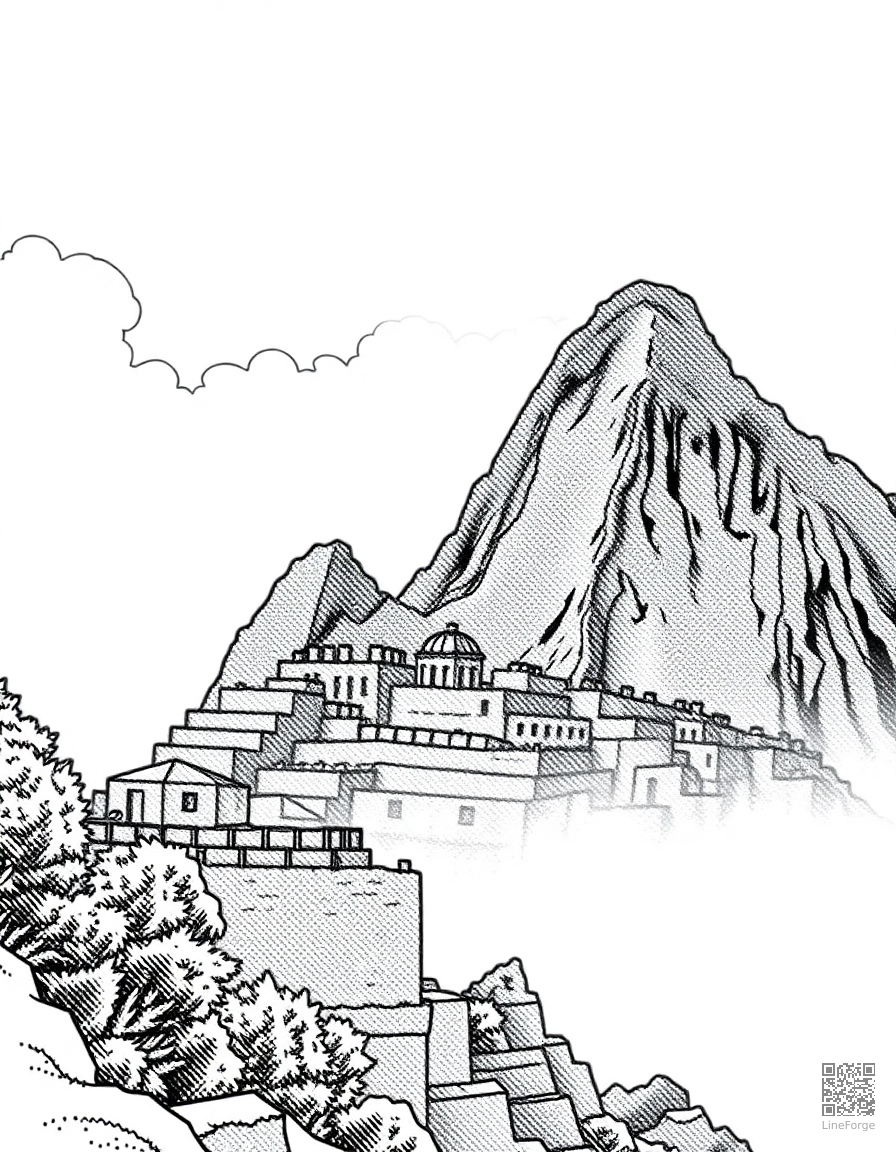 Free machu picchu ancient ruins in the clouds coloring page in stipple style — printable line art